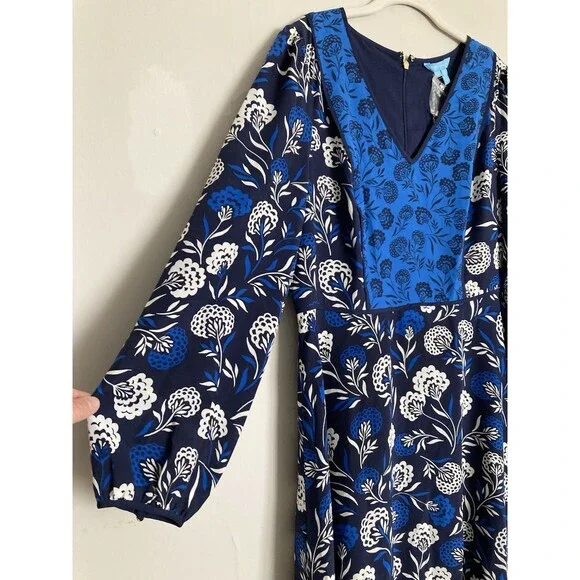 NEW Draper James Silk Midi Dress 12  Mixed Print Floral Blue - Picture 3 of 13